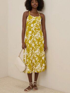 Pact Organic Fit & Flare Midi Dress Tropical Palms Chartreuse XS